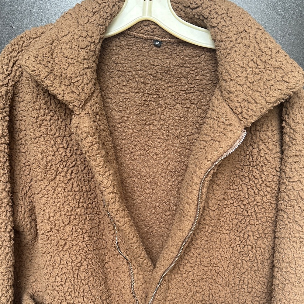 TEDDY BEAR JACKET Cozy Brown Sherpa zip pockets Layering Roomie Coat Sz M - Picture 4 of 12